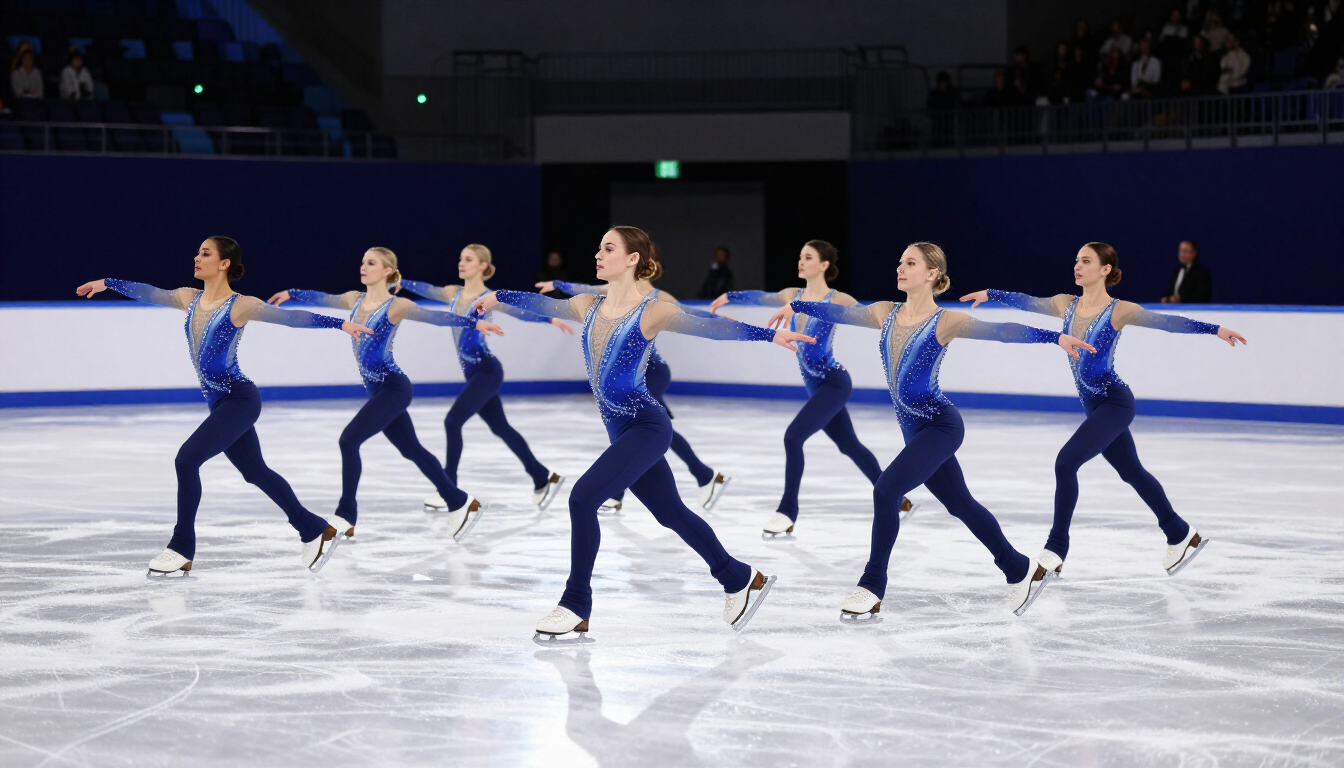 Figure skaters in blue costumes perform a synchronized routine on an ice rink.