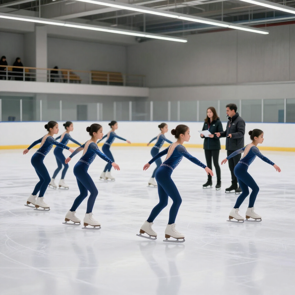 Figure skaters in blue practice on an indoor ice rink with two coaches observing.