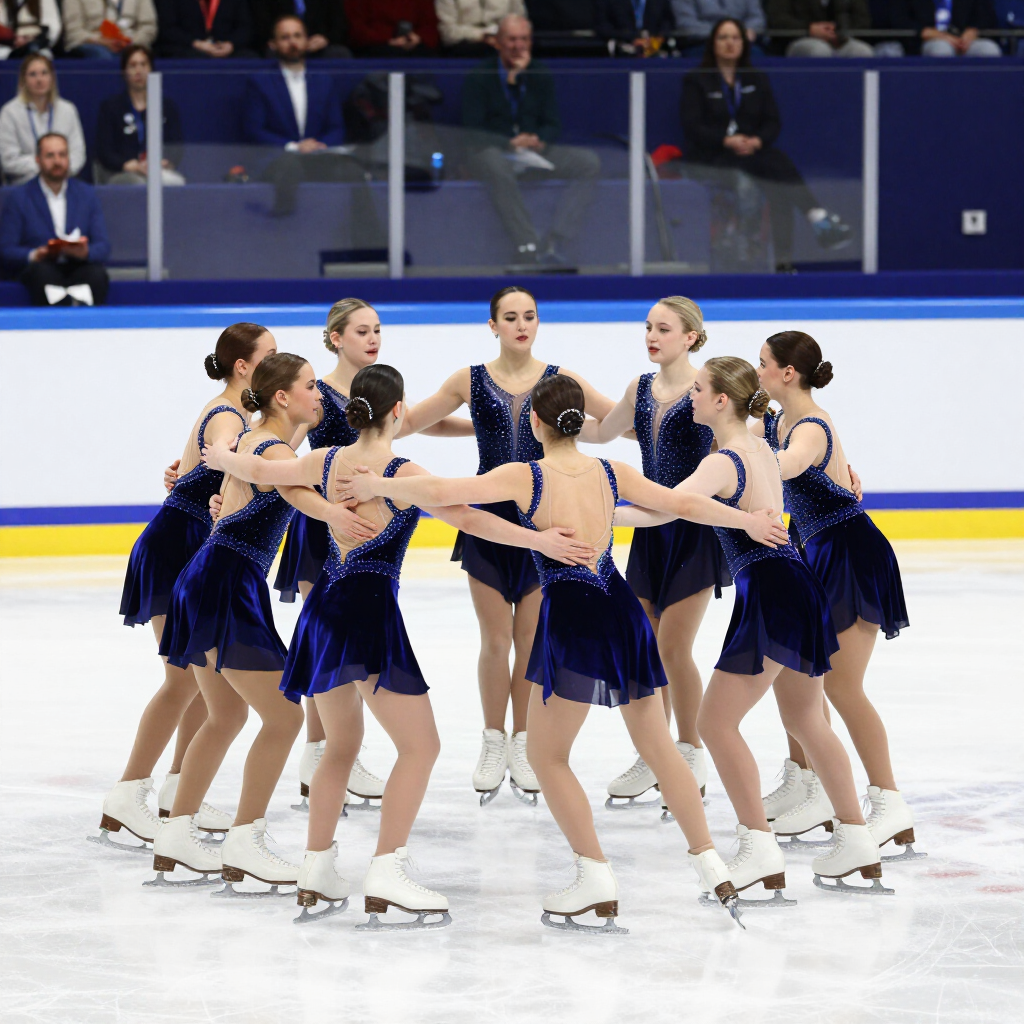 Figure skaters in navy dresses huddle on the ice during a synchronized routine in an indoor arena