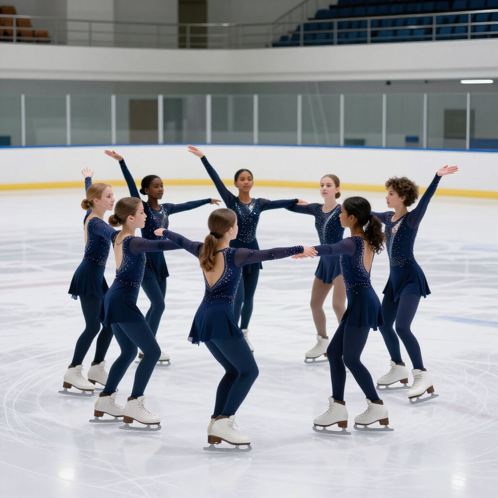 Figure skaters in navy costumes performing a synchronized routine on an indoor ice rink