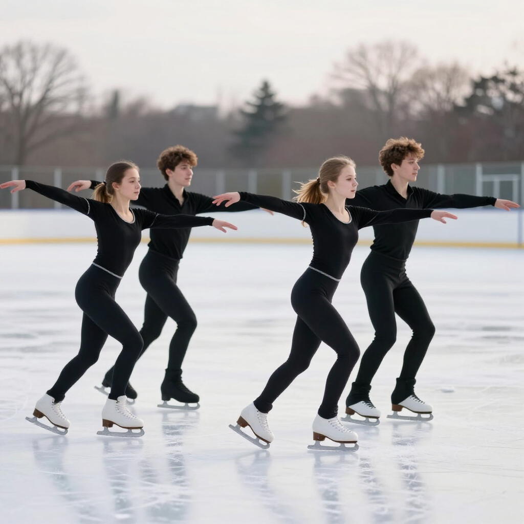 Four figure skaters in black outfits practicing in sync on an outdoor ice rink