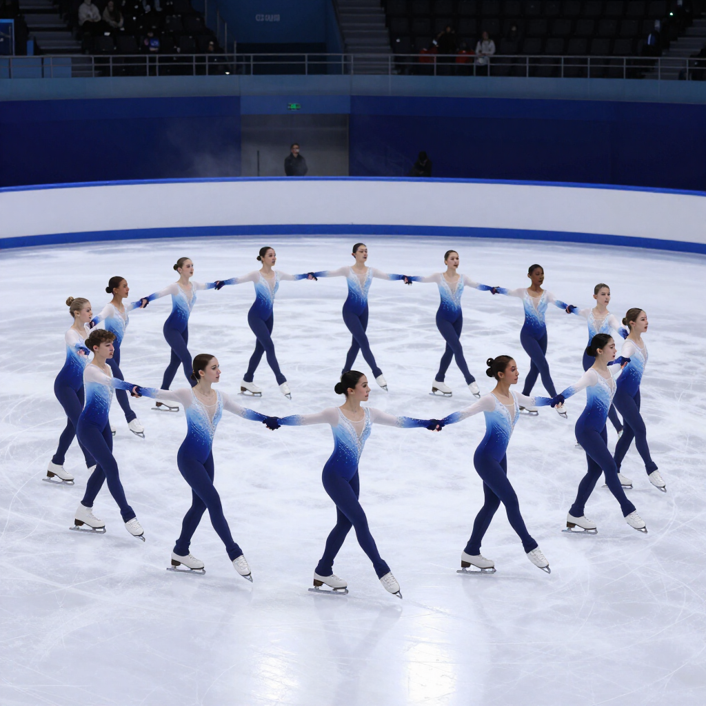 Figure skaters in blue costumes perform a synchronized routine on an ice rink