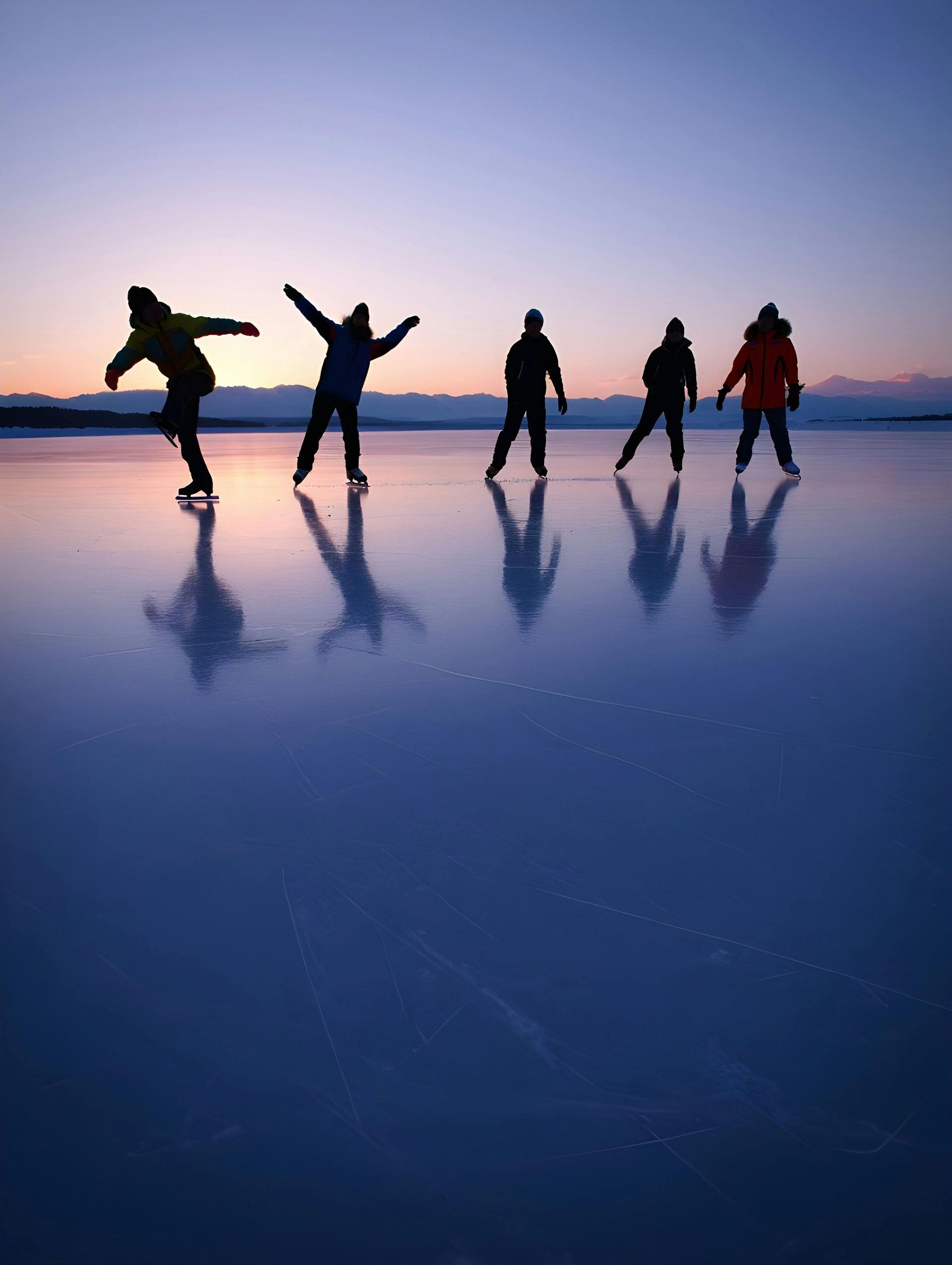 Five people silhouetted on a reflective ice field at sunset, arms raised against a pink-blue sky