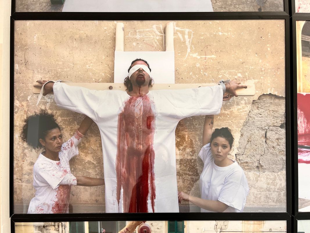 Image of the art on the wall at the Hermann Nitsch Museum in Naples, Italy.