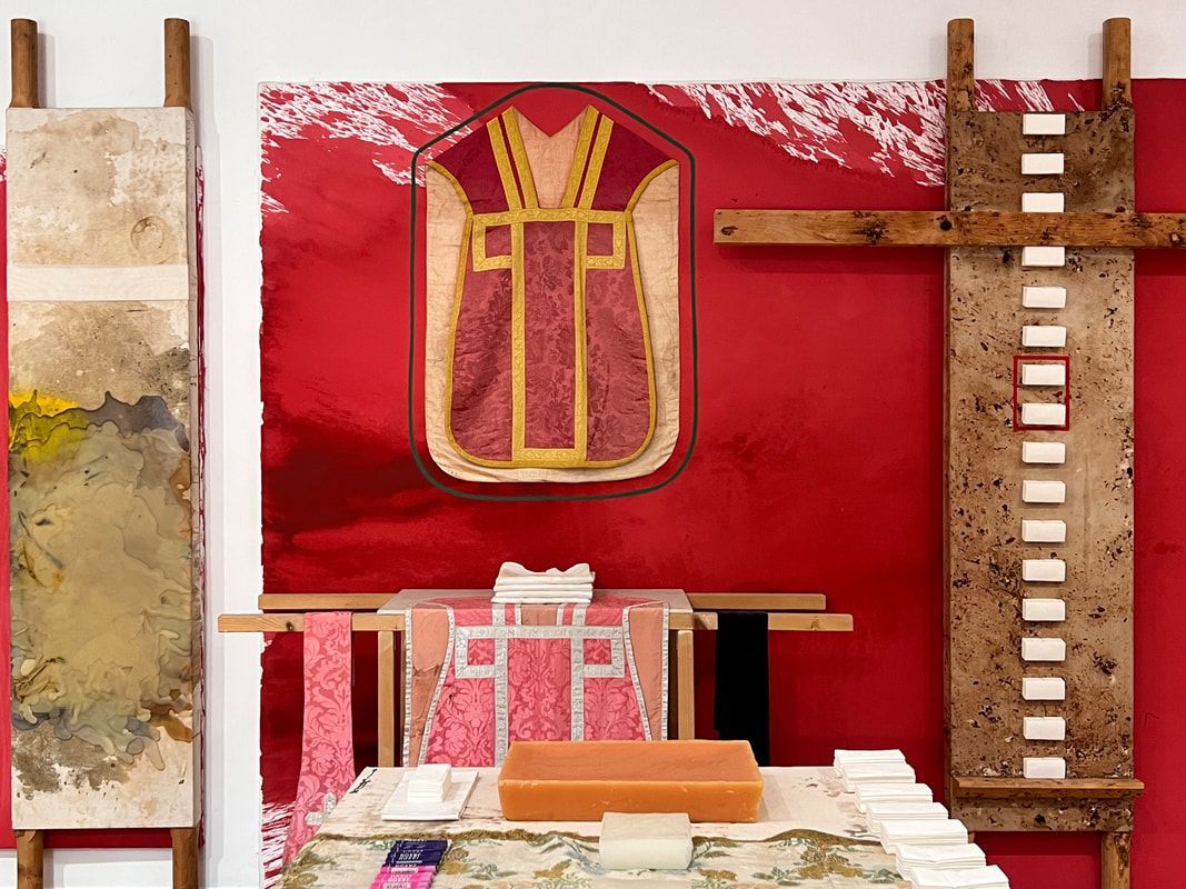 Image of the art on the wall at the Hermann Nitsch Museum in Naples, Italy.