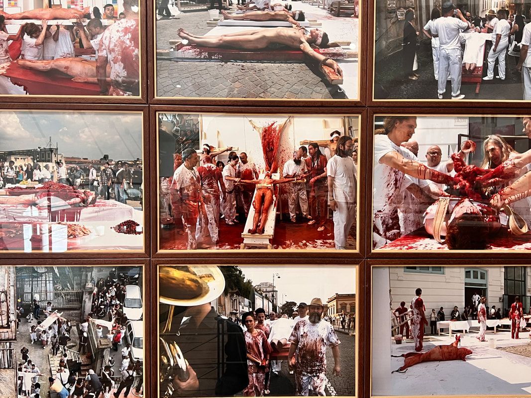 Image of the art on the wall at the Hermann Nitsch Museum in Naples, Italy.
