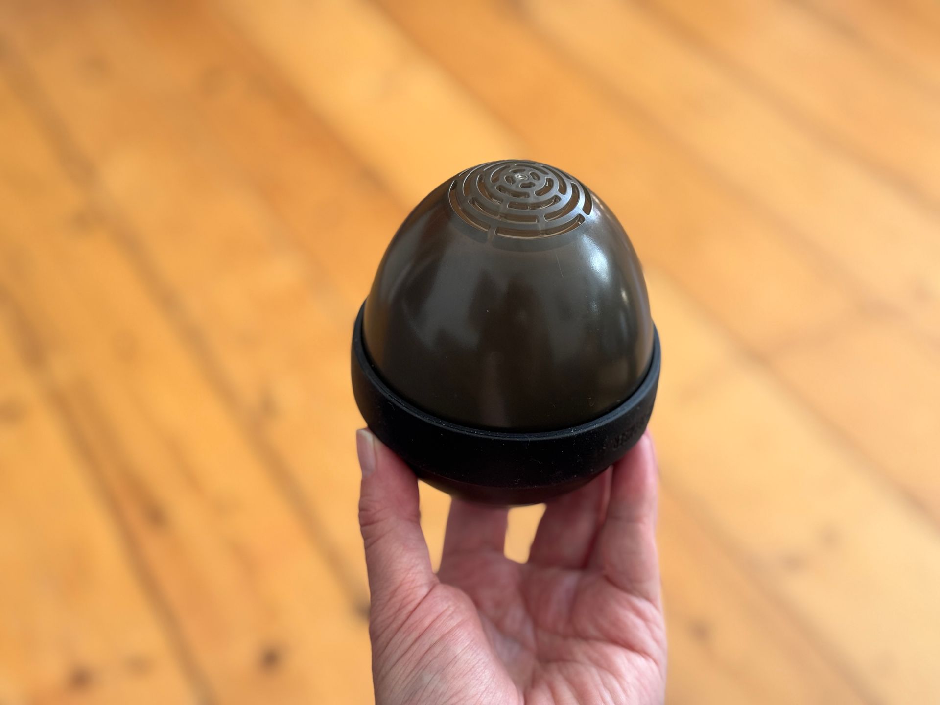 Hand holding a black egg-shaped device with a textured top over a wooden floor.