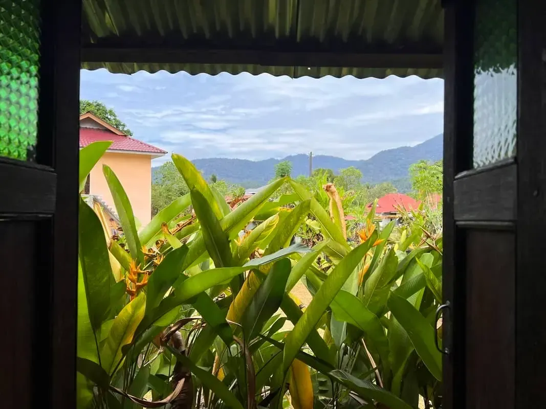 Maw Art cafe in Langkawi with fields and mountains behind.