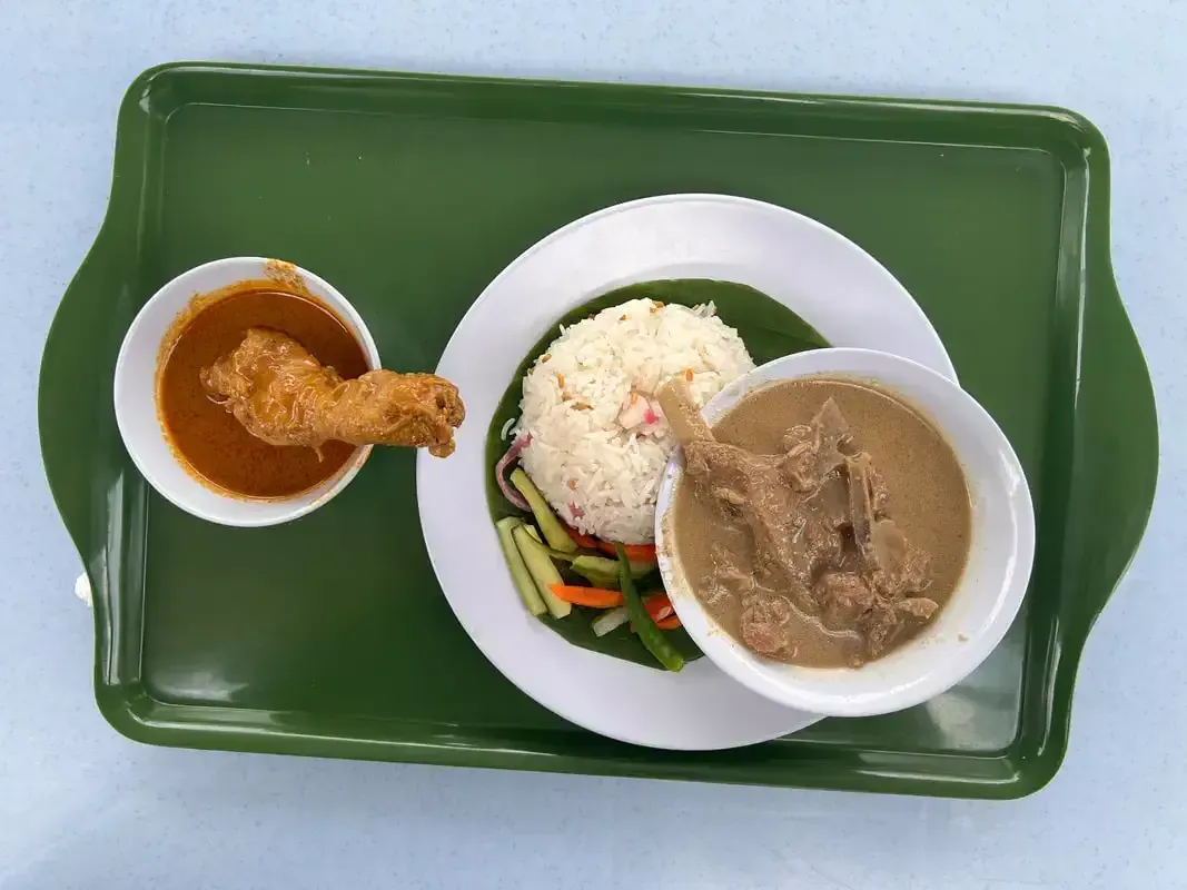 Chicken, Lamb and rice on a green tray in Langkawi