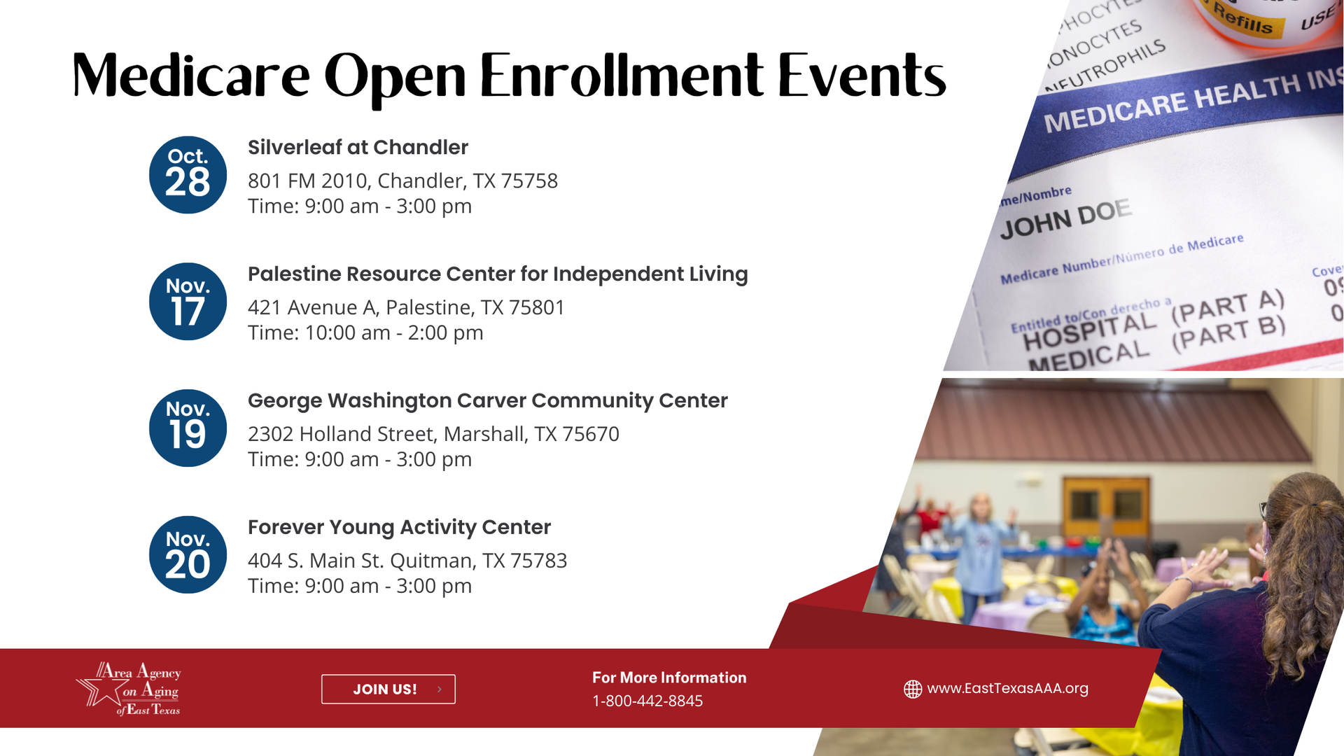 Medicare open enrollment events flyer with dates, times, and photos of seniors and Medicare materials