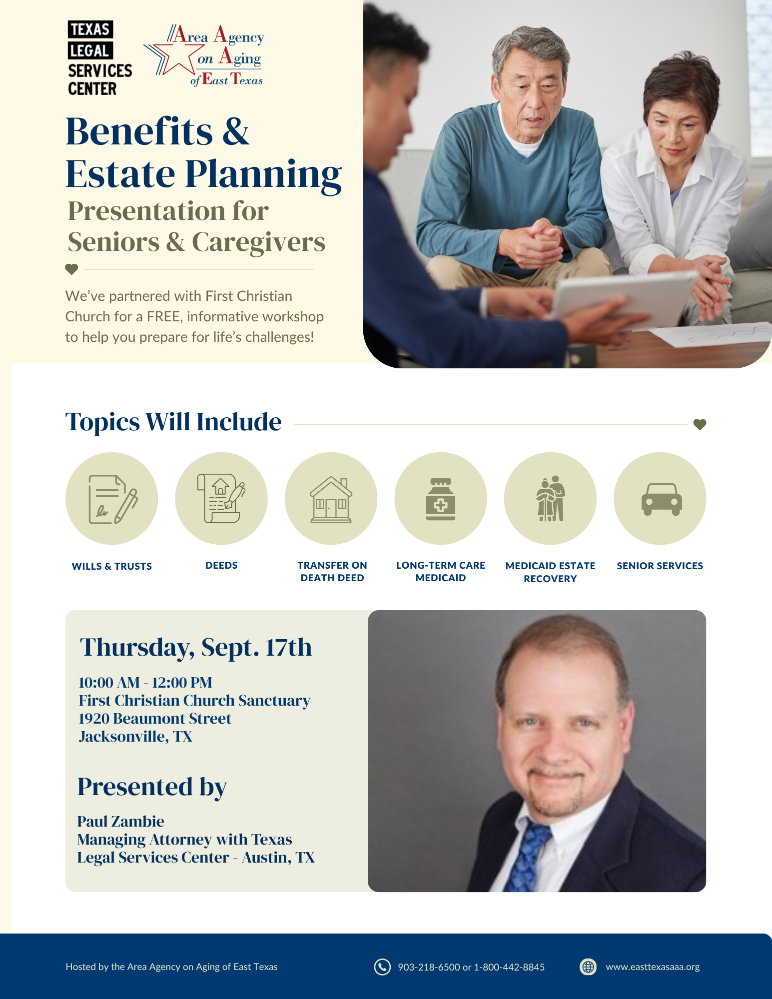 Benefits & Estate Planning presentation flyer with a speaker photo and September 17 event details