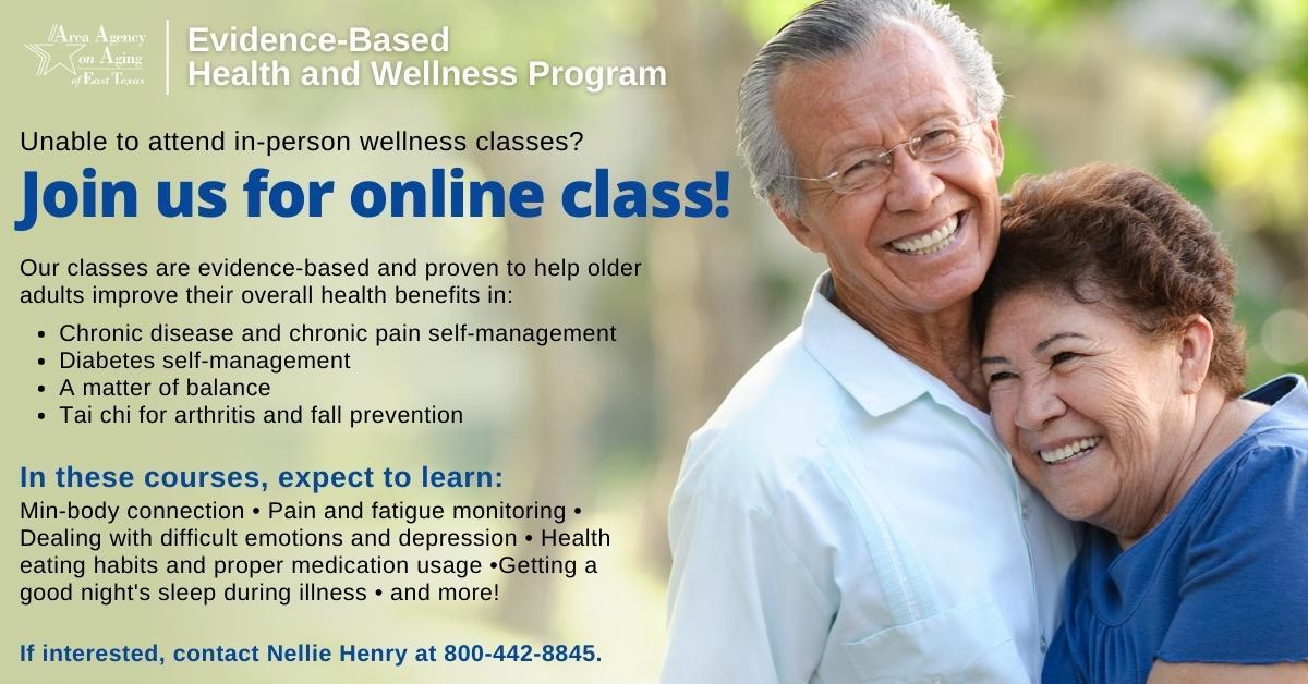 A man and woman are standing next to each other with the words join us for online class