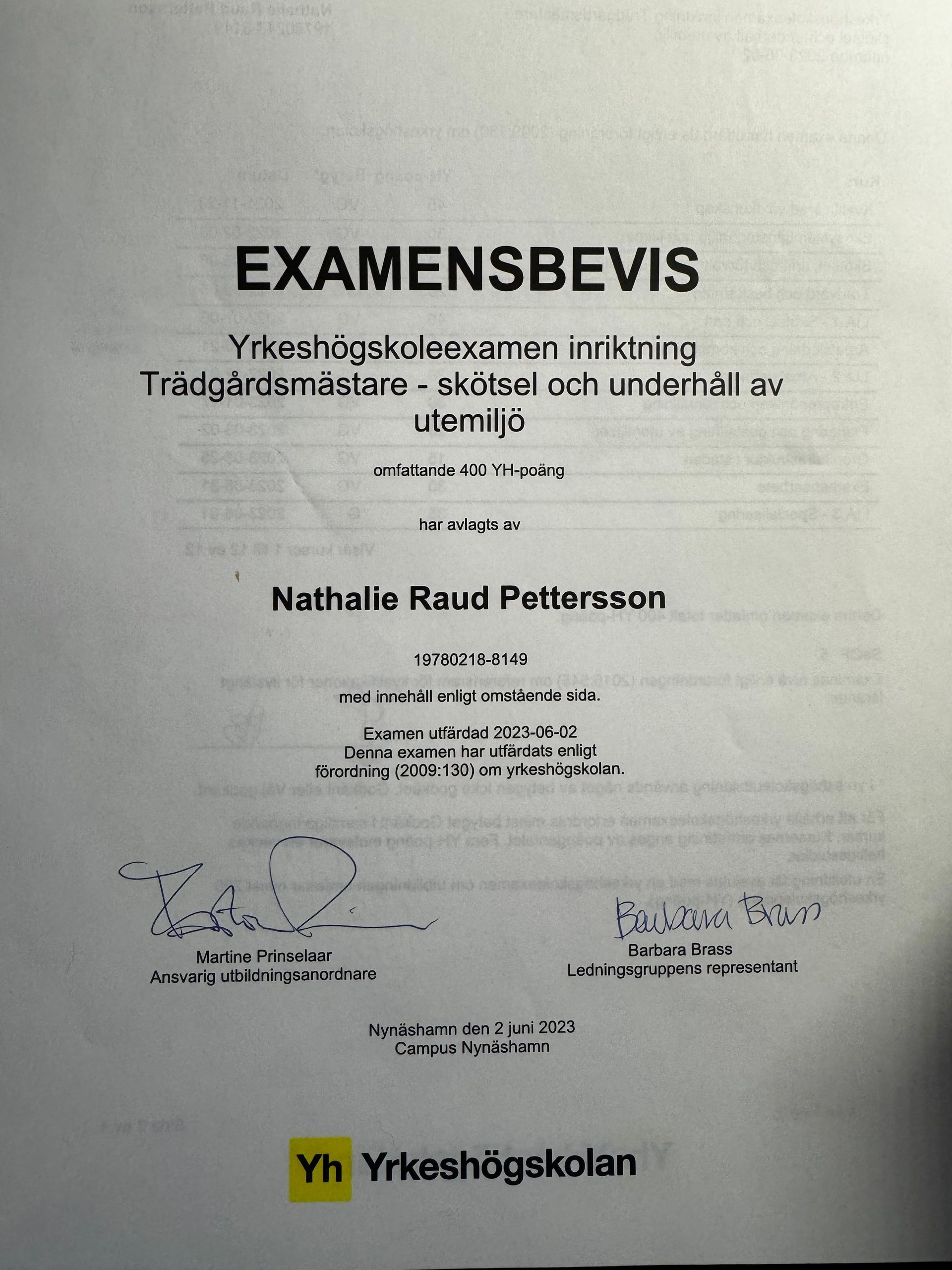 Examensbevis 2 -årig yrkesutbildning - Campus Nynashamn, 2023