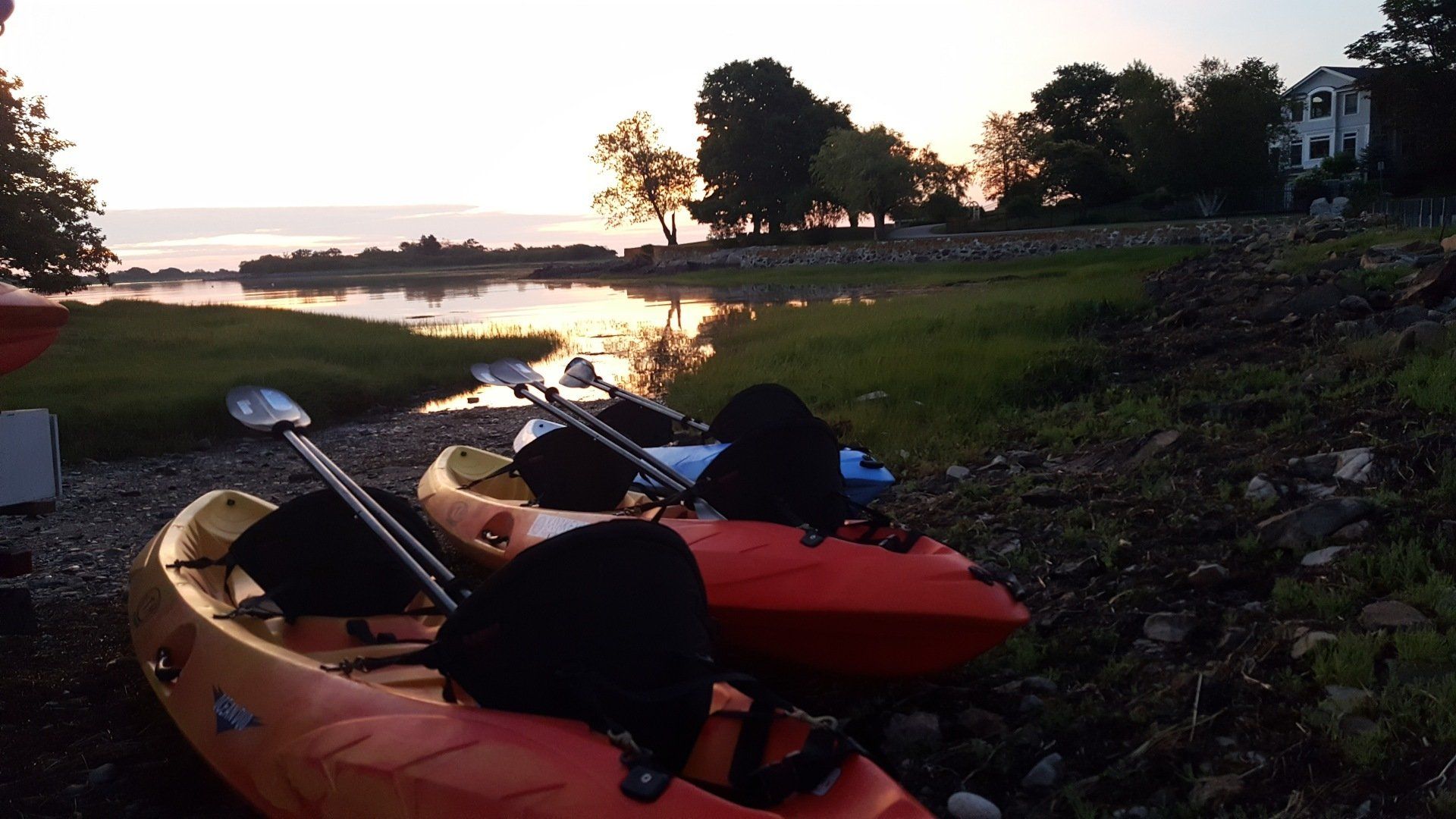 Kayaks, paddles and others things on the land
