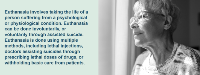 Euthanasia facts card with text beside a black-and-white portrait of an elderly woman in profile