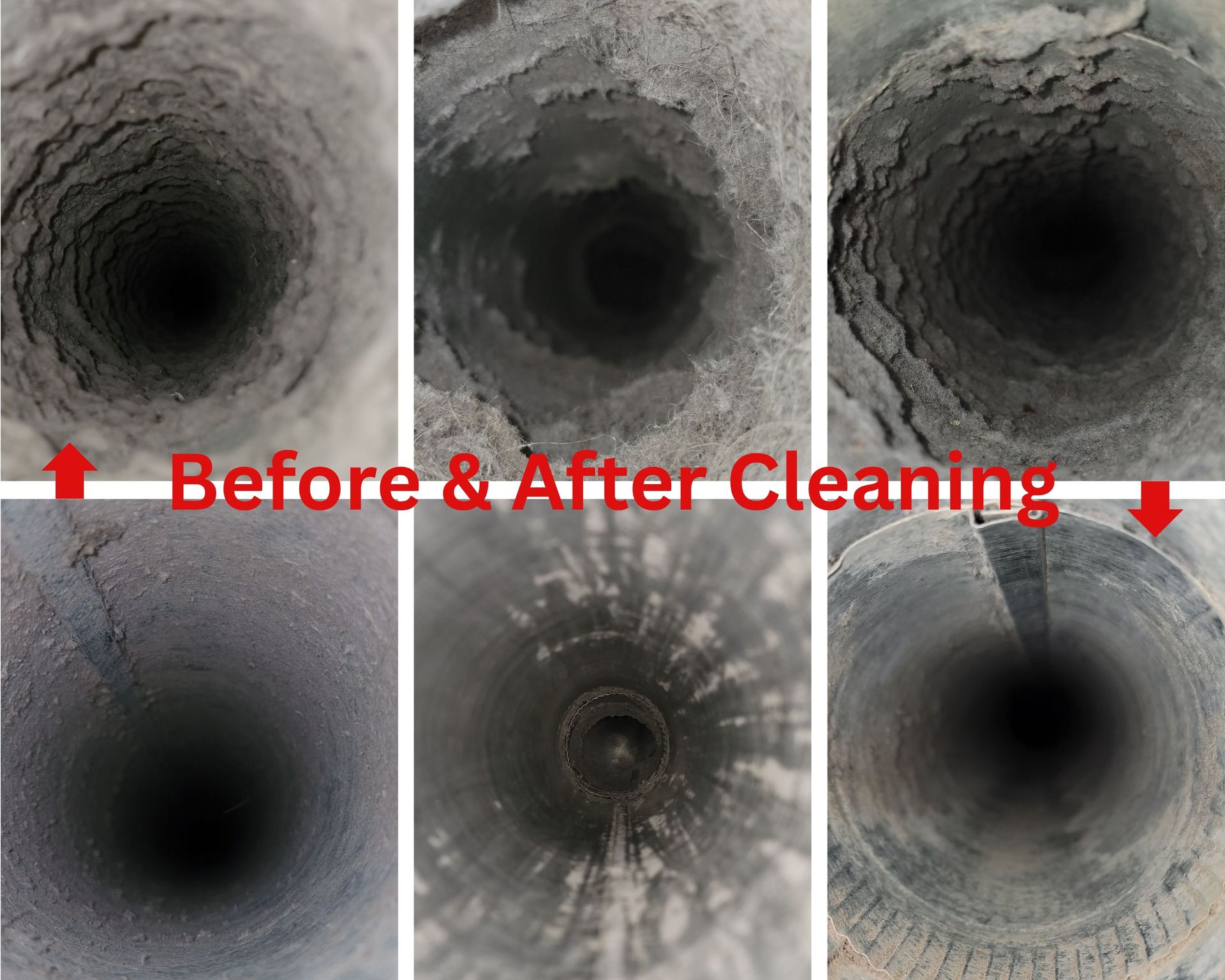 Collage of six drain pipe interiors showing before and after cleaning, with red arrows and text.