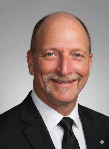 Portrait of a smiling man in a black suit, white shirt, and tie against a gray background