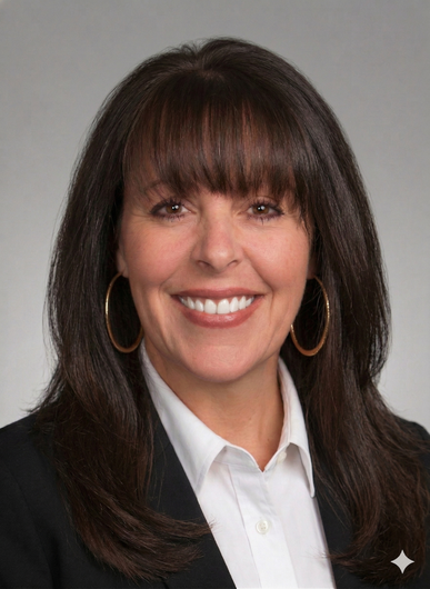 Smiling woman with long dark hair, white shirt, and hoop earrings against a gray background