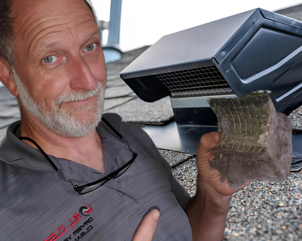 Man holding a metal car part under a vehicle, smiling at the camera in a garage.