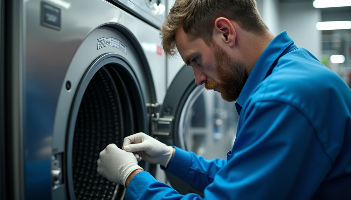 Technician in blue uniform inspecting a washing machine in a laundry facility