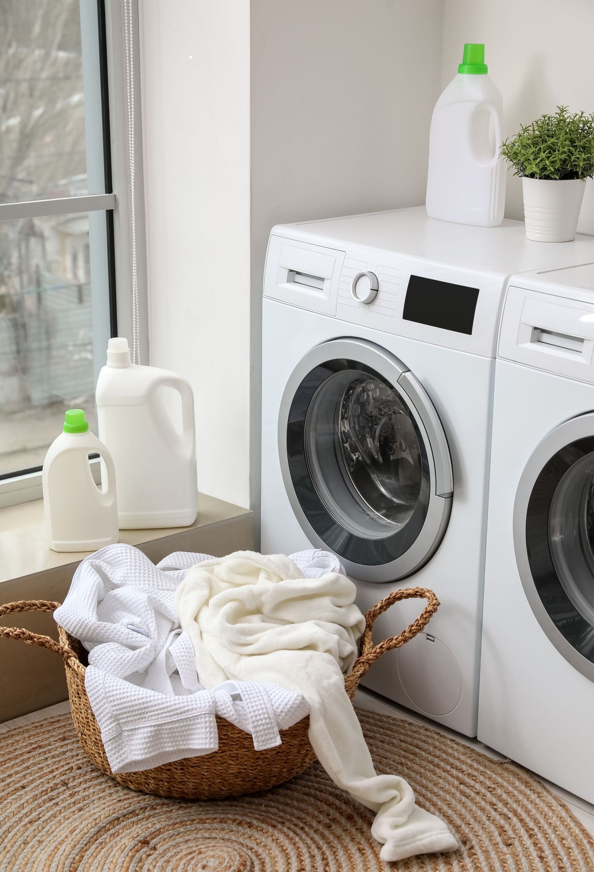 Laundry baskets and white towels beside a front-loading washing machine in a bright laundry room