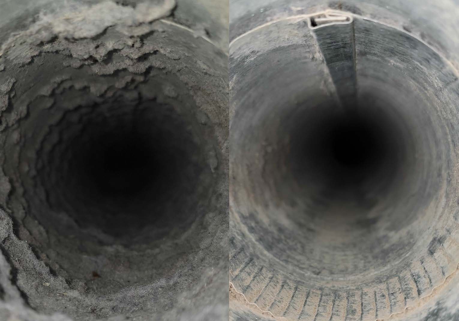 Side-by-side view of a rough, dirty pipe interior and a cleaner, smooth pipe interior