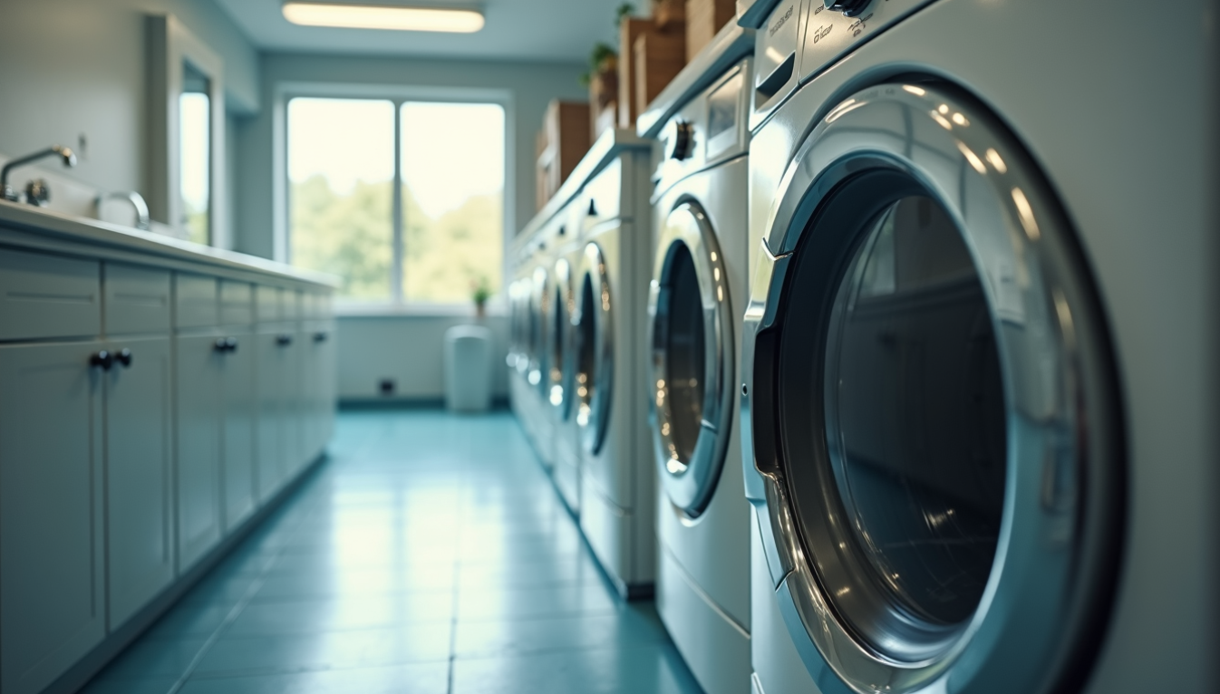 Bright laundry room with rows of washing machines and cabinets by a sunlit window