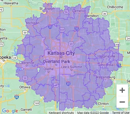Google map showing a large purple shaded region around Kansas City and Overland Park, with roads and city labels.