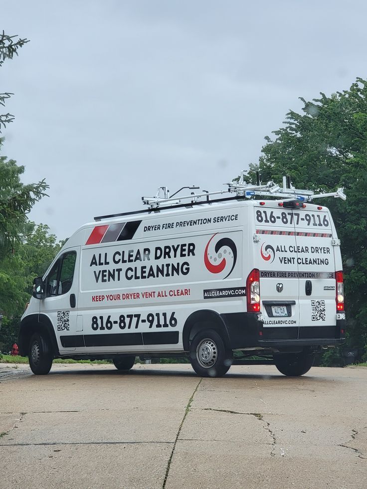 All Clear Dryer Vent Cleaning van parked outside with phone number and company logo.