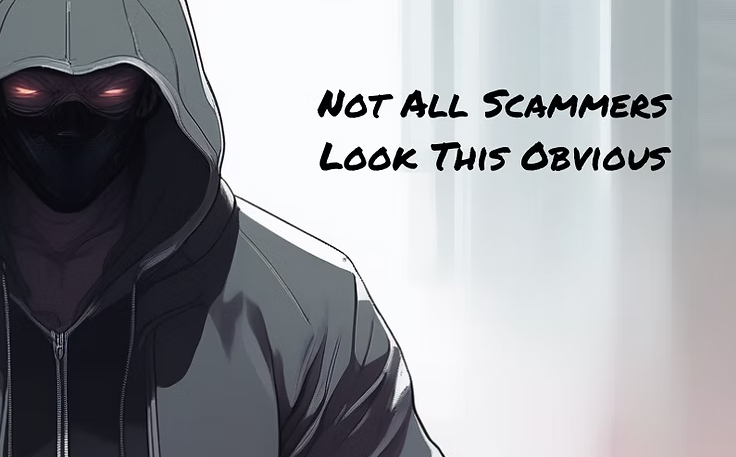 Hooded figure with glowing eyes beside text: “Not all scammers look this obvious”