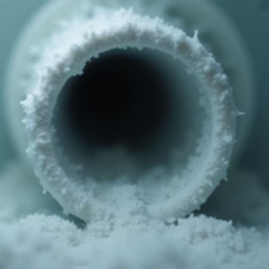 Frost-covered circular pipe opening with ice buildup against a pale blue background