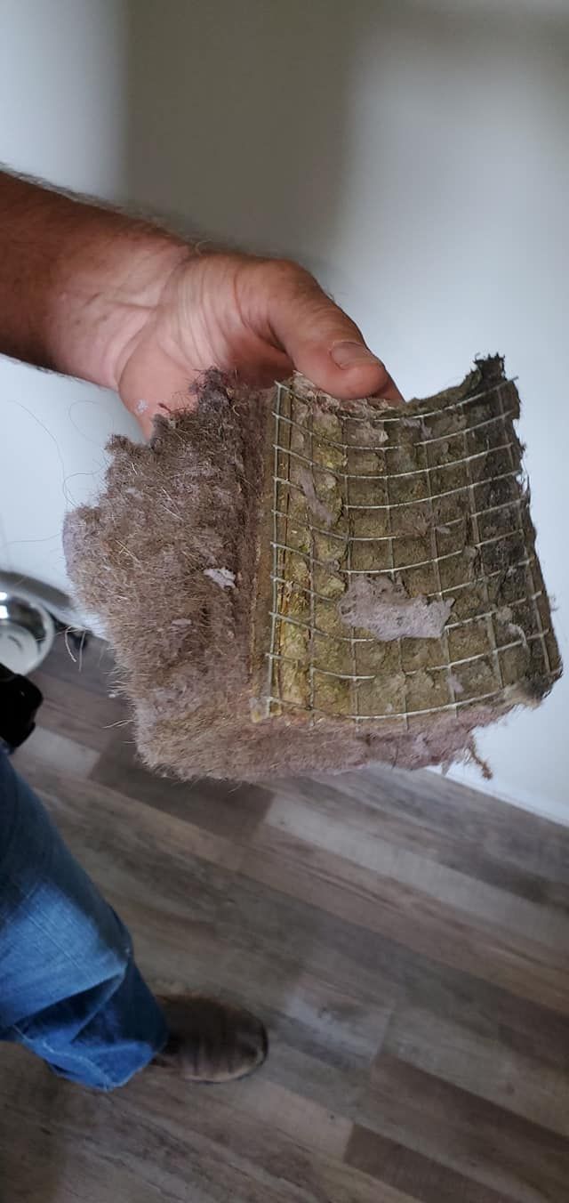 Hand holding a small woven mat or basket piece over a wooden floor, with a bed in the background