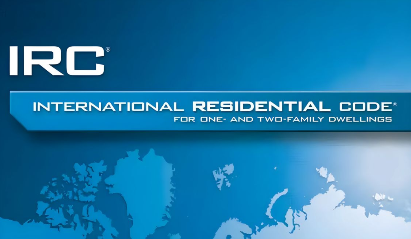 International Residential Code cover with blue background and white IRC logo, for one- and two-family dwellings