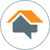 Gray chat bubble with an orange roof inside a circle icon