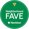 Green circular “Neighborhood FAVE” Nextdoor badge with a small trophy icon at the top