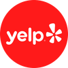 Yelp logo in white on a red circular background