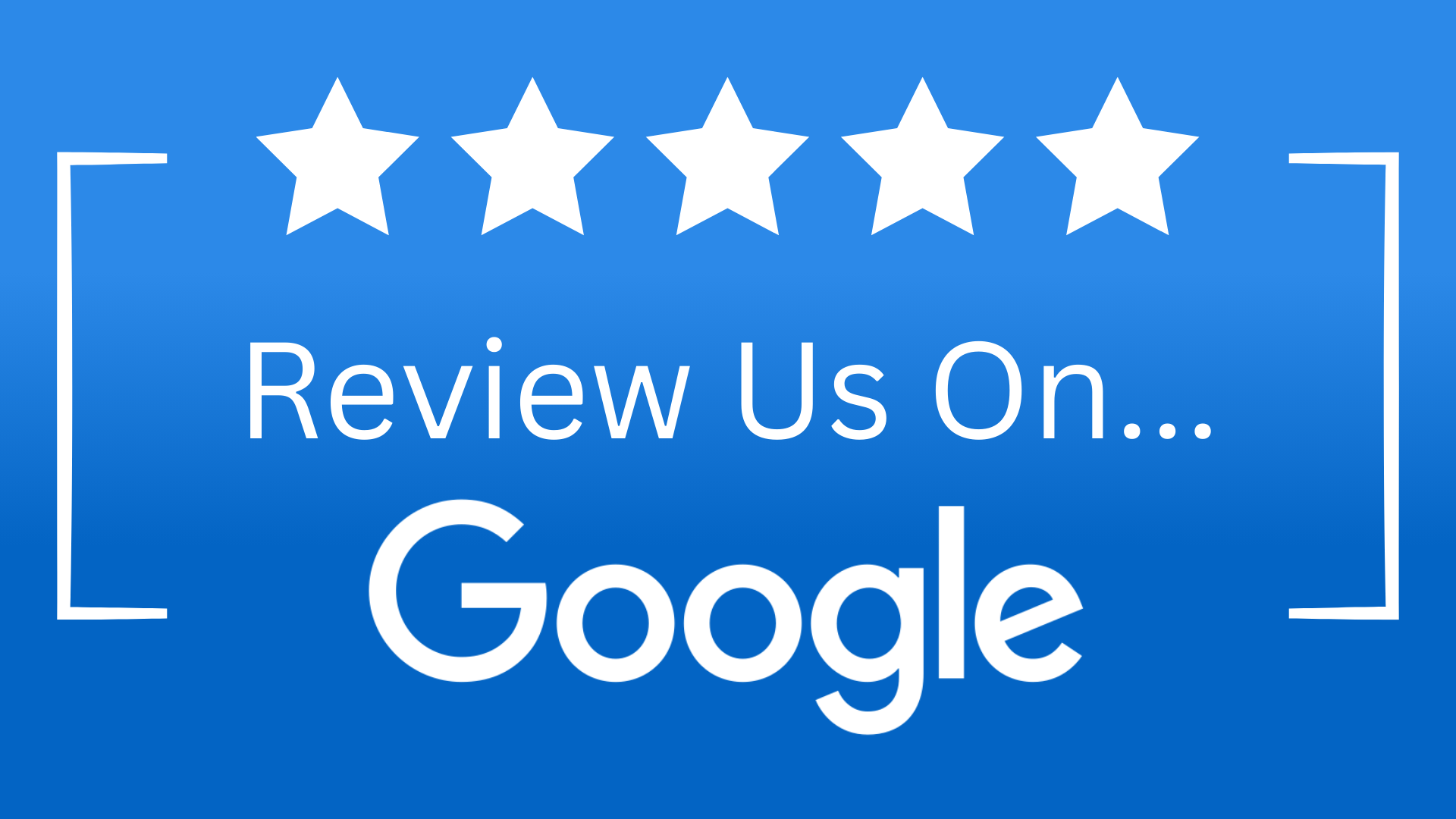 Blue “Review Us On Google” banner with five white stars and white bracket accents