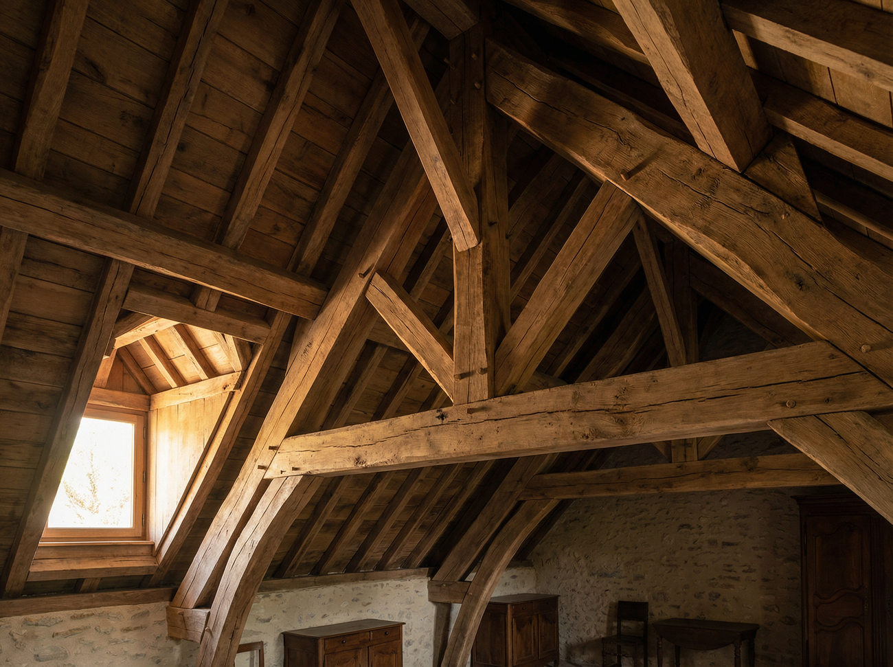 Charpente traditionnelle en bois vue depuis les combles