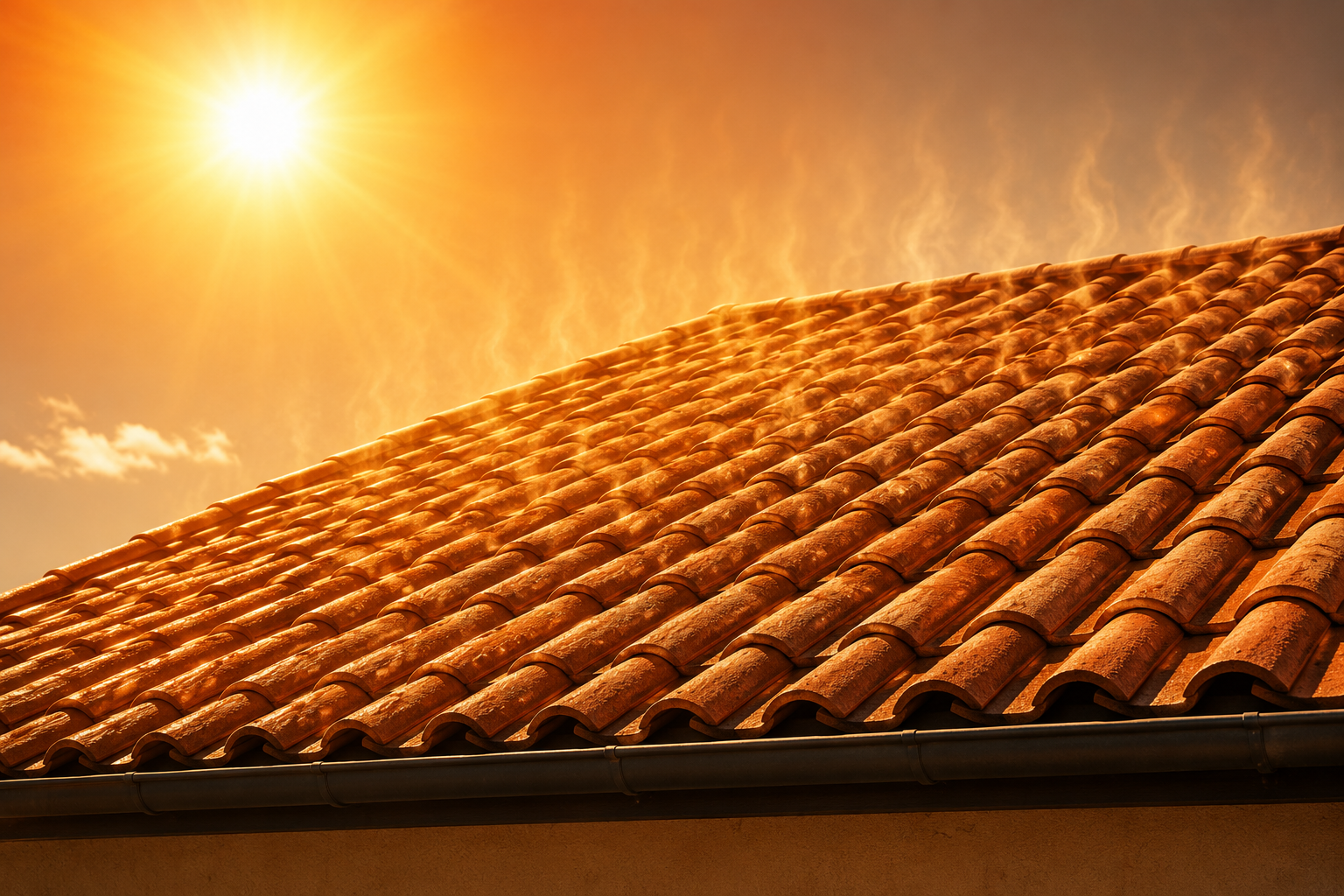 Les rayons du soleil chauffent une toiture en tuiles lors d'un épisode de canicule.