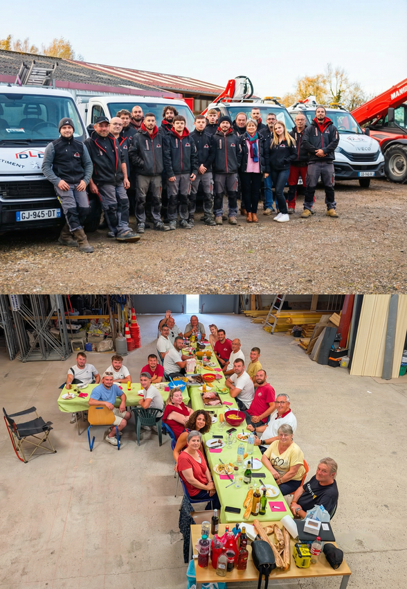 Équipe de DLD Bâtiment Couverture devant les véhicules de l’entreprise