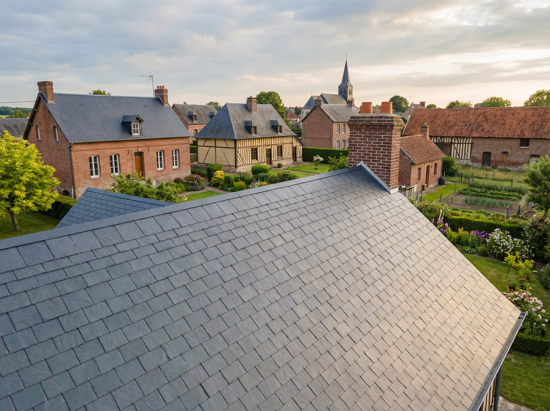 Toiture en ardoises rénovée dans un village