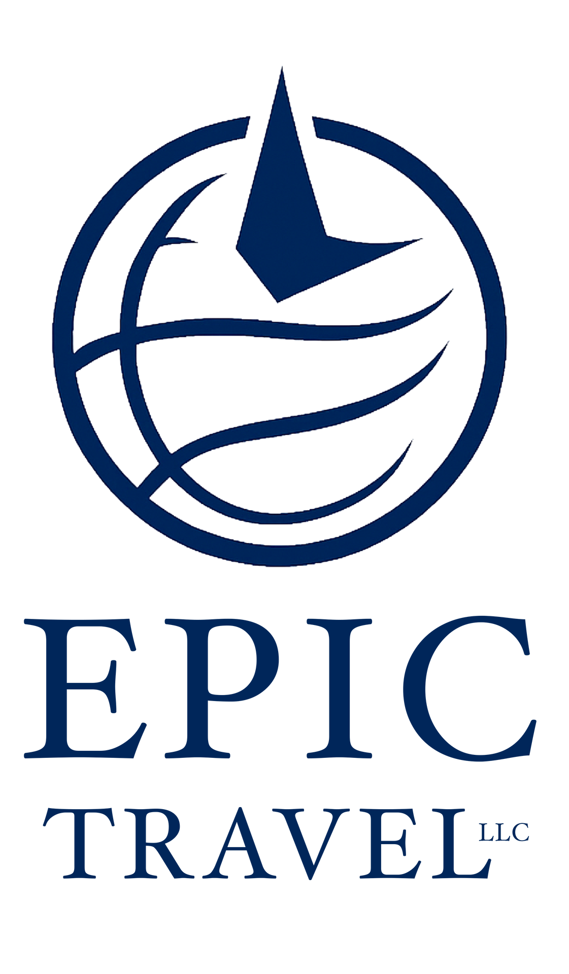 A navy blue logo featuring a globe with a stylized pointer, above the text