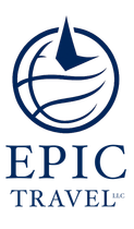 A navy blue logo featuring a globe with a stylized pointer, above the text 