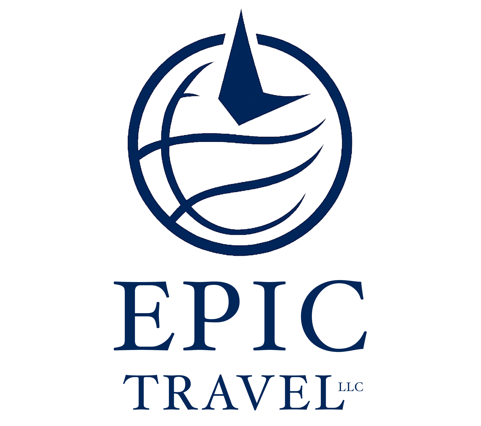 A dark blue logo featuring a stylized globe with a pointer icon, above the text