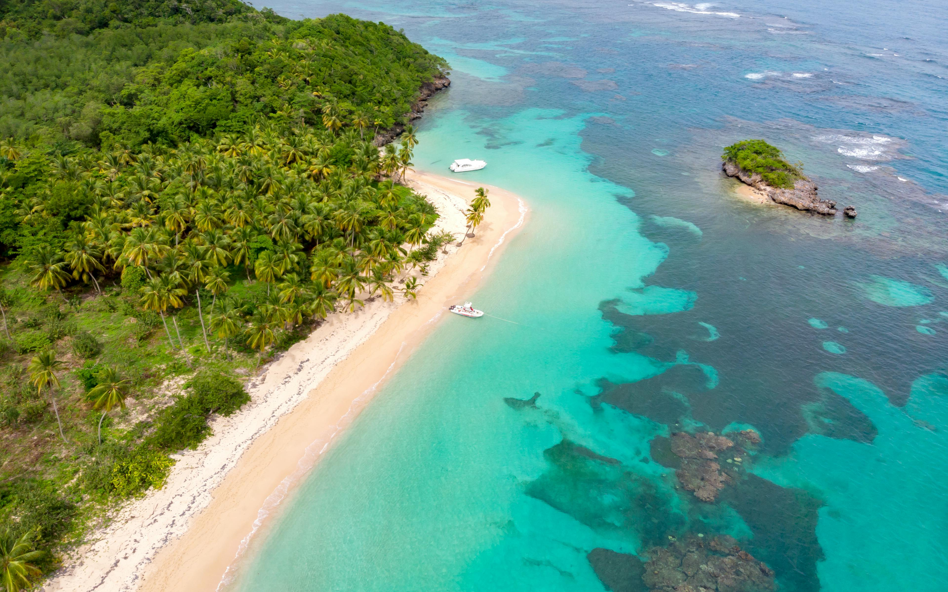 An aerial view of a tropical beach with turquoise water, palm trees, and a small, rocky island offshore.
