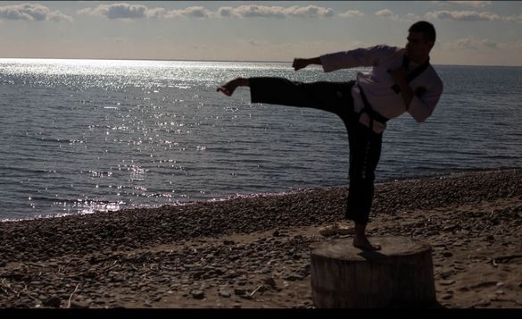 A man is practicing karate on the beach near the water