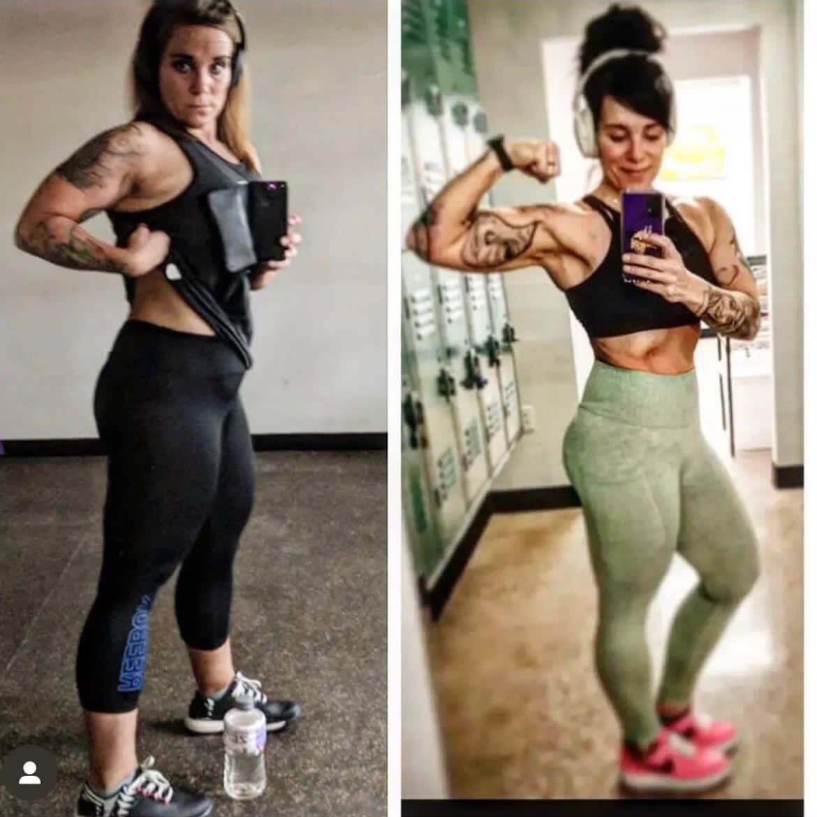 A woman is taking a picture of herself in a gym to show the results after training with Jerry Torrez.
