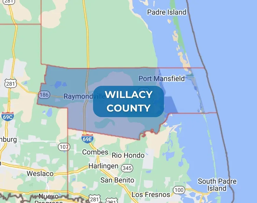 Map of Magic Valley's land clearing and  brush removal service area in Willacy County, TX.