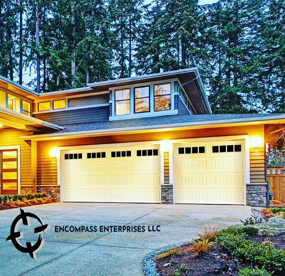 garage doors lit at night