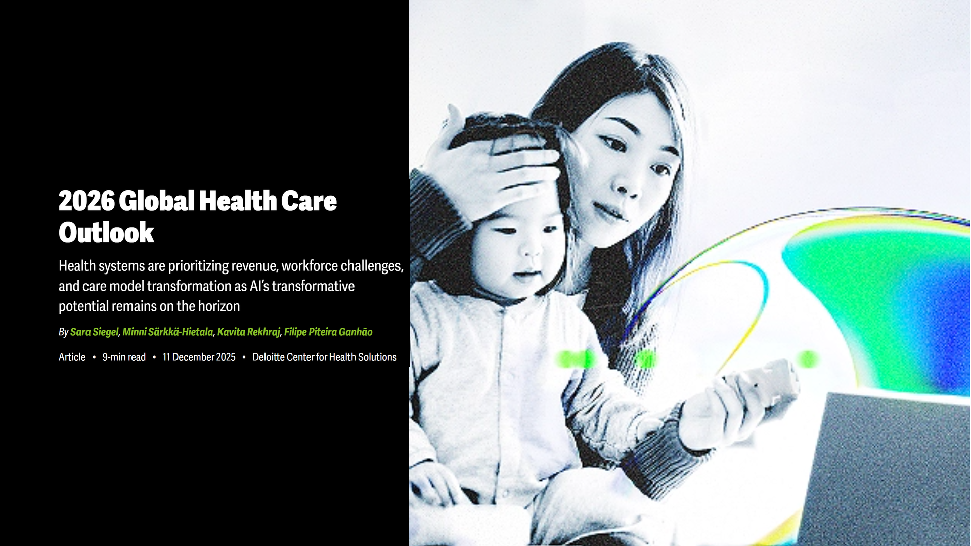 Healthcare professional and child viewing a colorful health data graphic on a laptop, with “2026 Global Health Care Outlook” text
